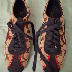 Coach Kids Signature Canvas Sneakers in Tan, Black and Red Trim